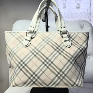 Burberry Nova Check canvas tote bag with white leather trim. Blue Label.